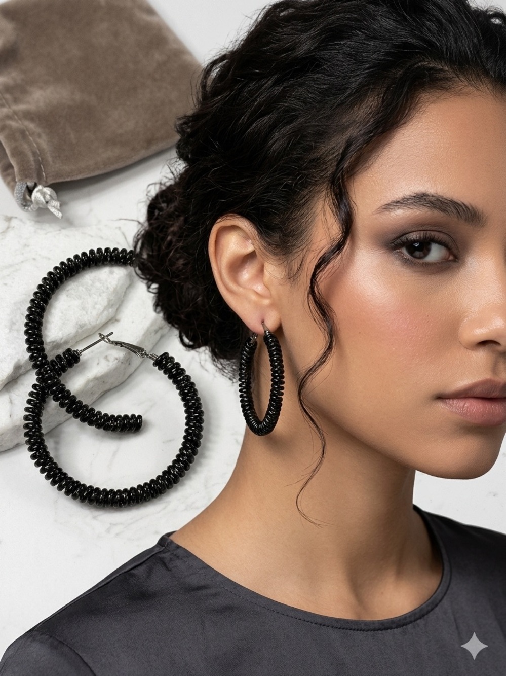 Black Coiled Hoop Earrings - Chic Statement Modern Minimalist Fashion Jewelry
